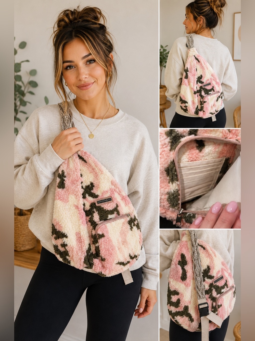 UNIONBAY Pink Camo Sherpa Sling Backpack Crossbody Fleece Bag